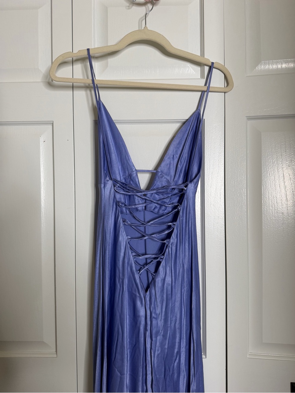 Blue/Periwinkle Slip Maxi Dress with Spaghetti Straps | Corset tie-up back - Picture 4 of 8